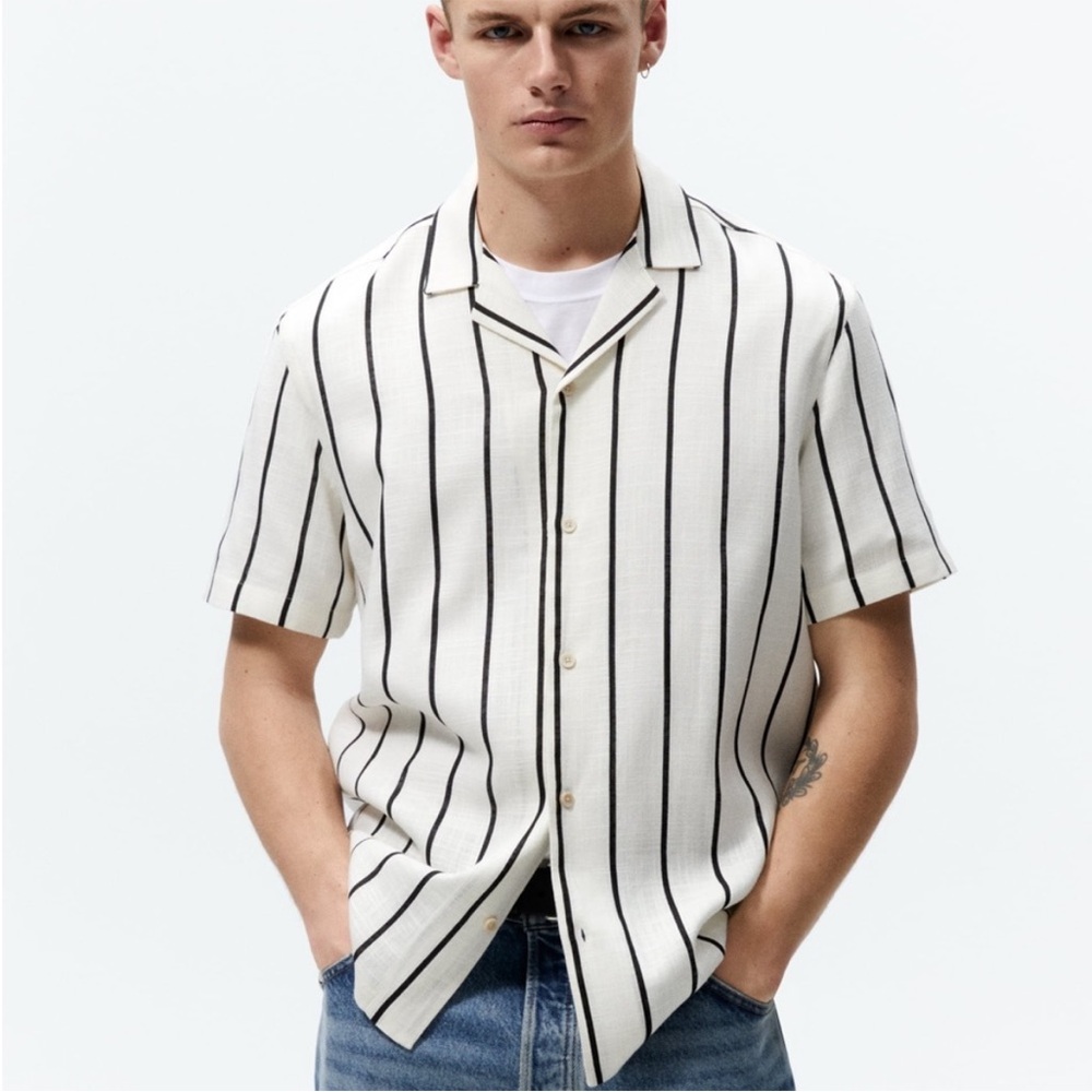 Zara White and Black Striped Casual Button Down Shirt